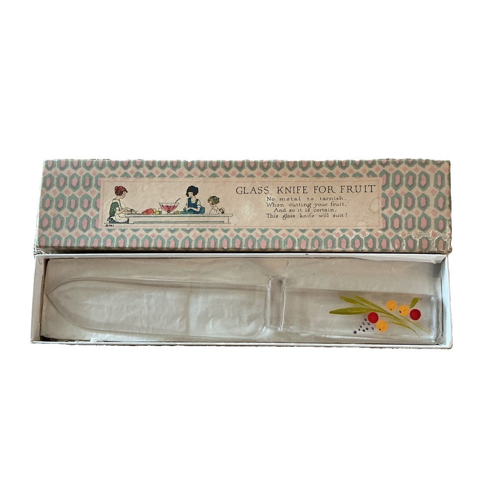 Vintage Painted Fruit & Flowers Clear Glass Fruit/Cake Knife In Original Box